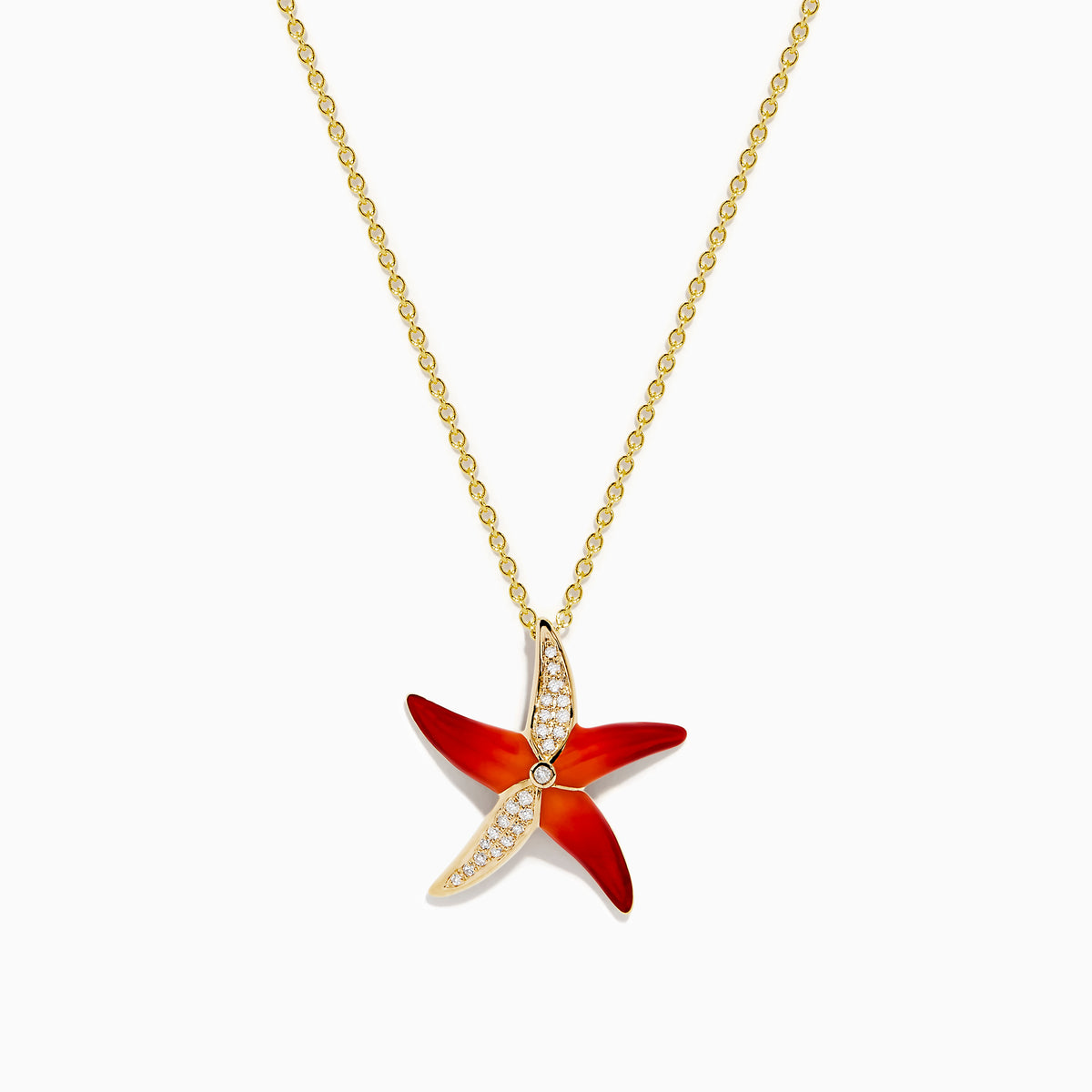 The Seaside 14K Orange Enamel and Diamond Starfish Pendant features a gold chain with an orange enamel starfish charm accented by diamond details, shown against a white background.