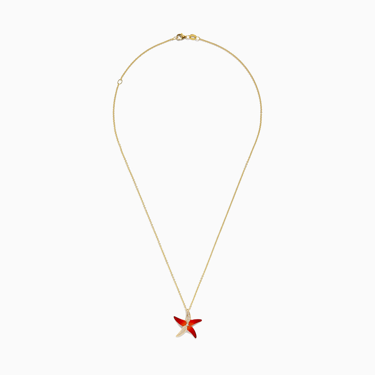 The Seaside 14K Orange Enamel and Diamond Starfish Pendant features a gold chain with an orange enamel starfish charm accented by diamond details, shown against a white background.