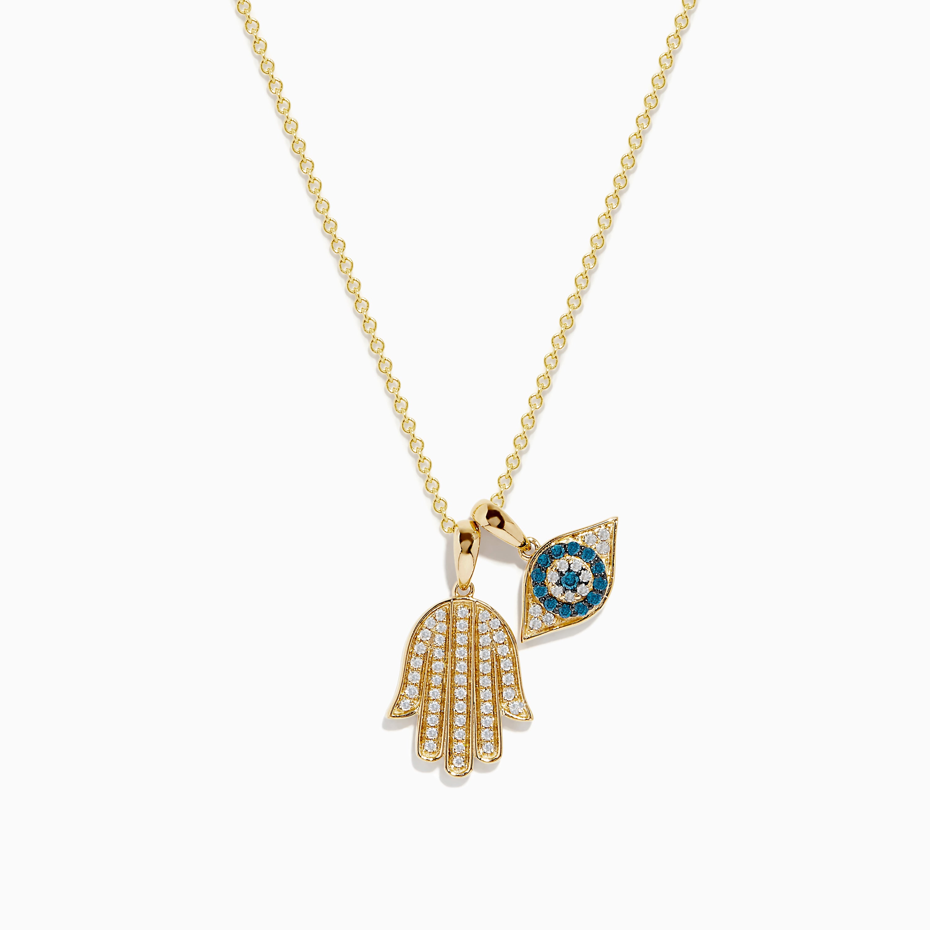 Novelty 14K Yellow Gold White and Blue Diamond Hamsa Evil Eye Pendant