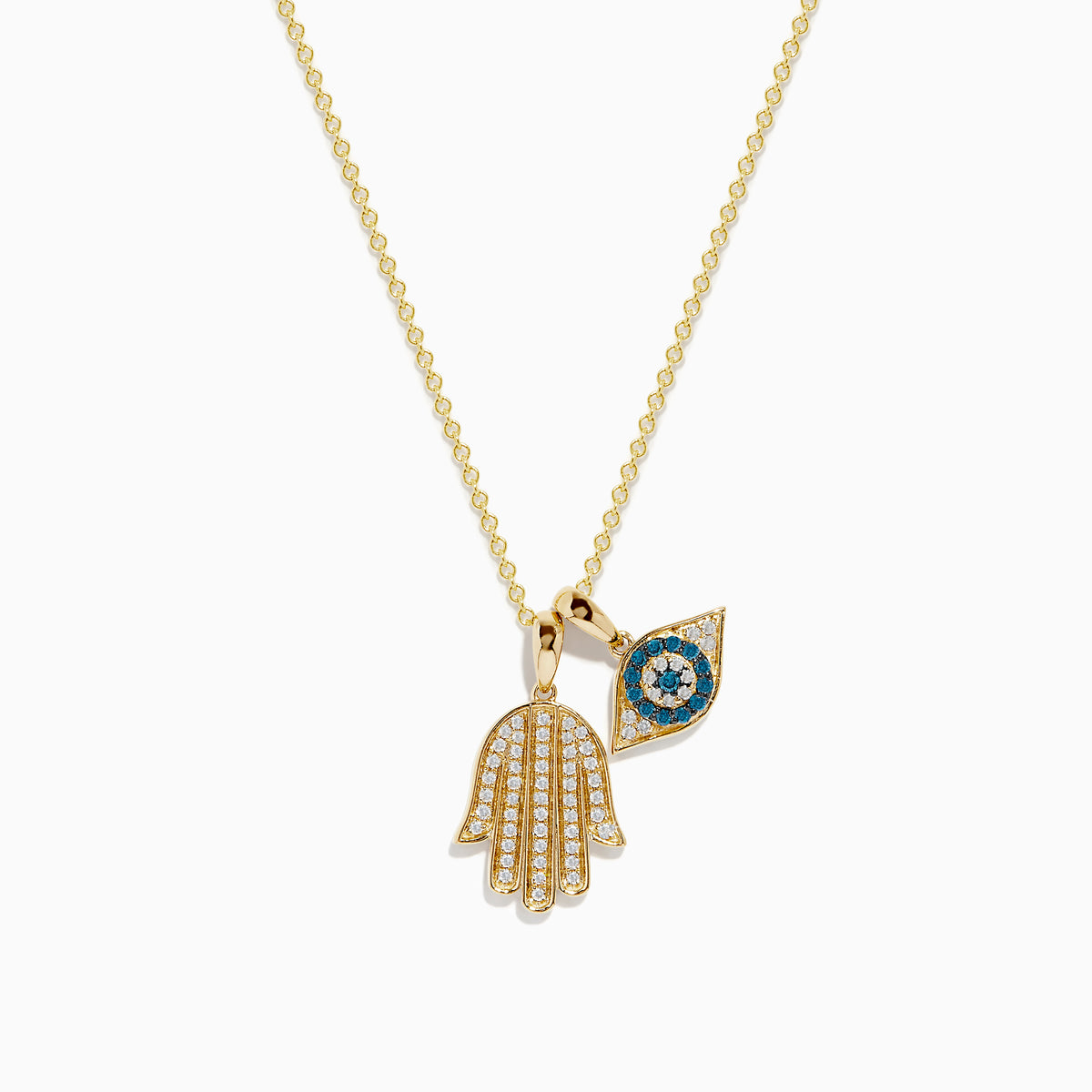 The Novelty 14K Yellow Gold White and Blue Diamond Hamsa & Evil Eye Pendant pairs a diamond Hamsa hand with a blue and white evil eye, both hanging from a delicate yellow gold chain.