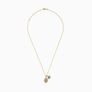 The Novelty 14K Yellow Gold White and Blue Diamond Hamsa & Evil Eye Pendant pairs a diamond Hamsa hand with a blue and white evil eye, both hanging from a delicate yellow gold chain.