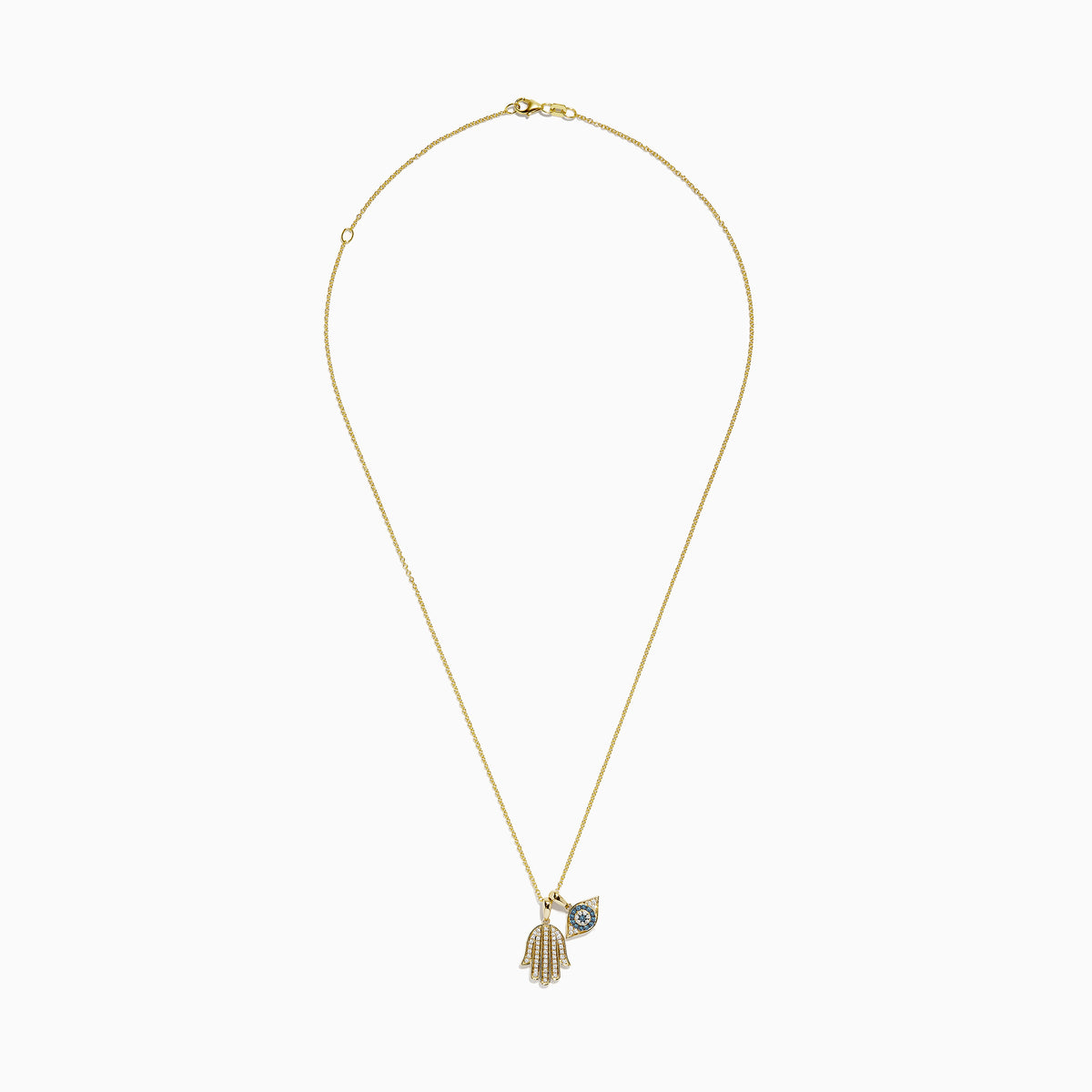 The Novelty 14K Yellow Gold White and Blue Diamond Hamsa & Evil Eye Pendant pairs a diamond Hamsa hand with a blue and white evil eye, both hanging from a delicate yellow gold chain.