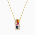 The Watercolors 14K Yellow Gold Multi Sapphire Pendant features a twisting double helix design adorned with multicolored sapphires and bordered by small white stones for extra brilliance.