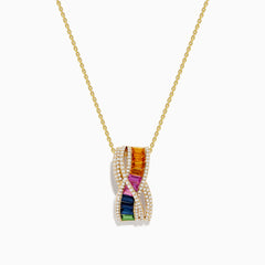The Watercolors 14K Yellow Gold Multi Sapphire Pendant features a twisting double helix design adorned with multicolored sapphires and bordered by small white stones for extra brilliance.