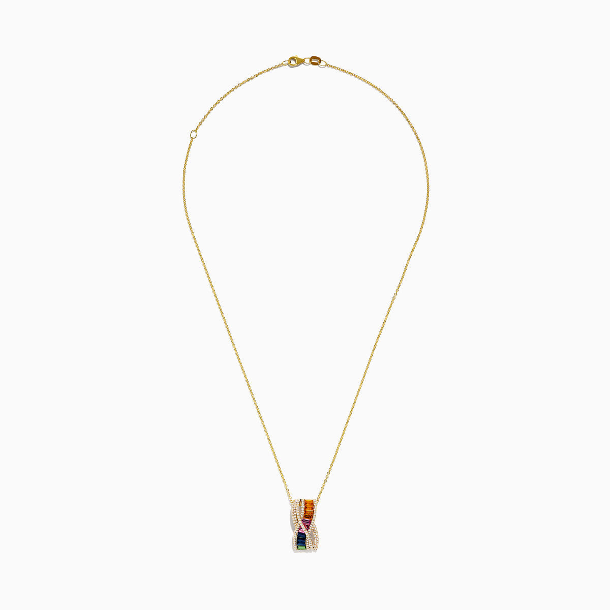 The Watercolors 14K Yellow Gold Multi Sapphire Pendant features a twisting double helix design adorned with multicolored sapphires and bordered by small white stones for extra brilliance.