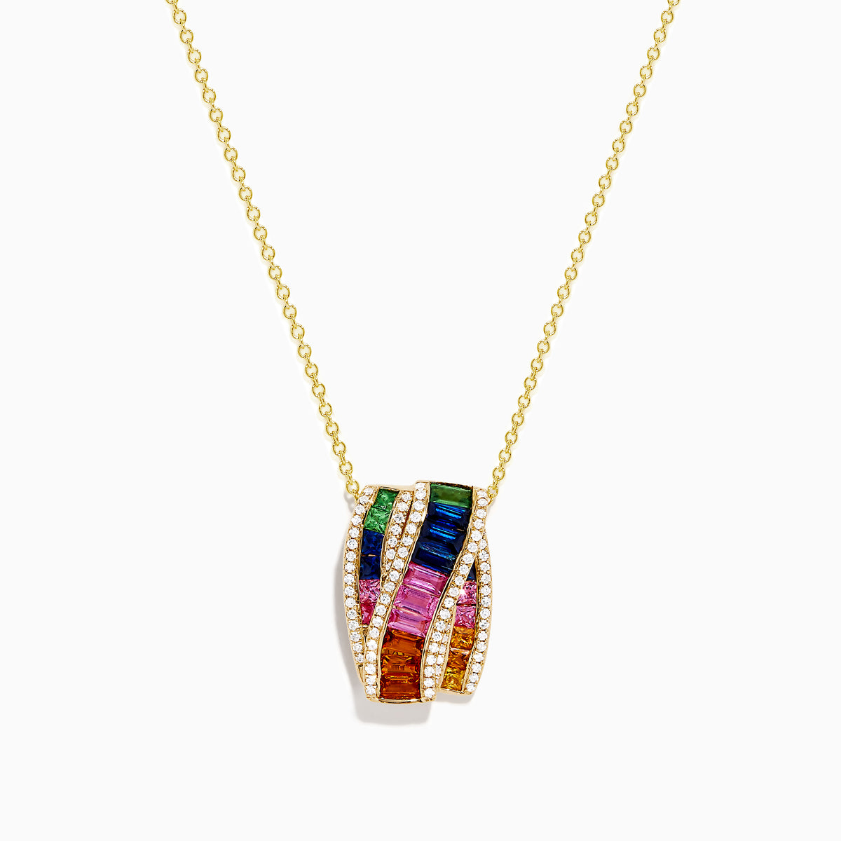 The Watercolors 14K Yellow Gold Multi Sapphire and Diamond Pendant features wavy stripes of green, blue, purple, pink, and orange sapphires set between rows of sparkling diamonds for a vibrant, eye-catching look.