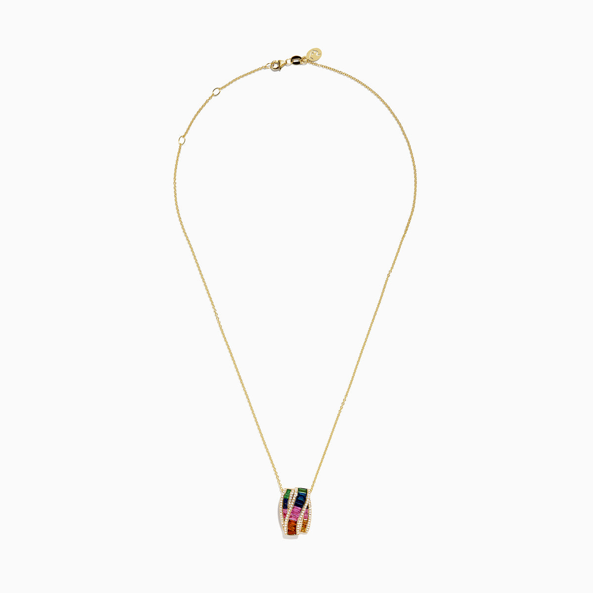 The Watercolors 14K Yellow Gold Multi Sapphire and Diamond Pendant features wavy stripes of green, blue, purple, pink, and orange sapphires set between rows of sparkling diamonds for a vibrant, eye-catching look.