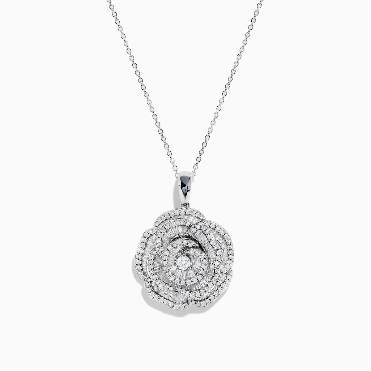 The Nature 14K White Gold Diamond Flower Pendant features multiple small diamonds in a floral design, set against a plain white background.