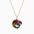 The Safari 14K Yellow Gold Multi Color Sapphire and Diamond Chameleon Pendant features vibrant sapphires and diamonds in red, pink, orange, green, and blue on a yellow gold necklace.