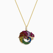 The Safari 14K Yellow Gold Multi Color Sapphire and Diamond Chameleon Pendant features vibrant sapphires and diamonds in red, pink, orange, green, and blue on a yellow gold necklace.