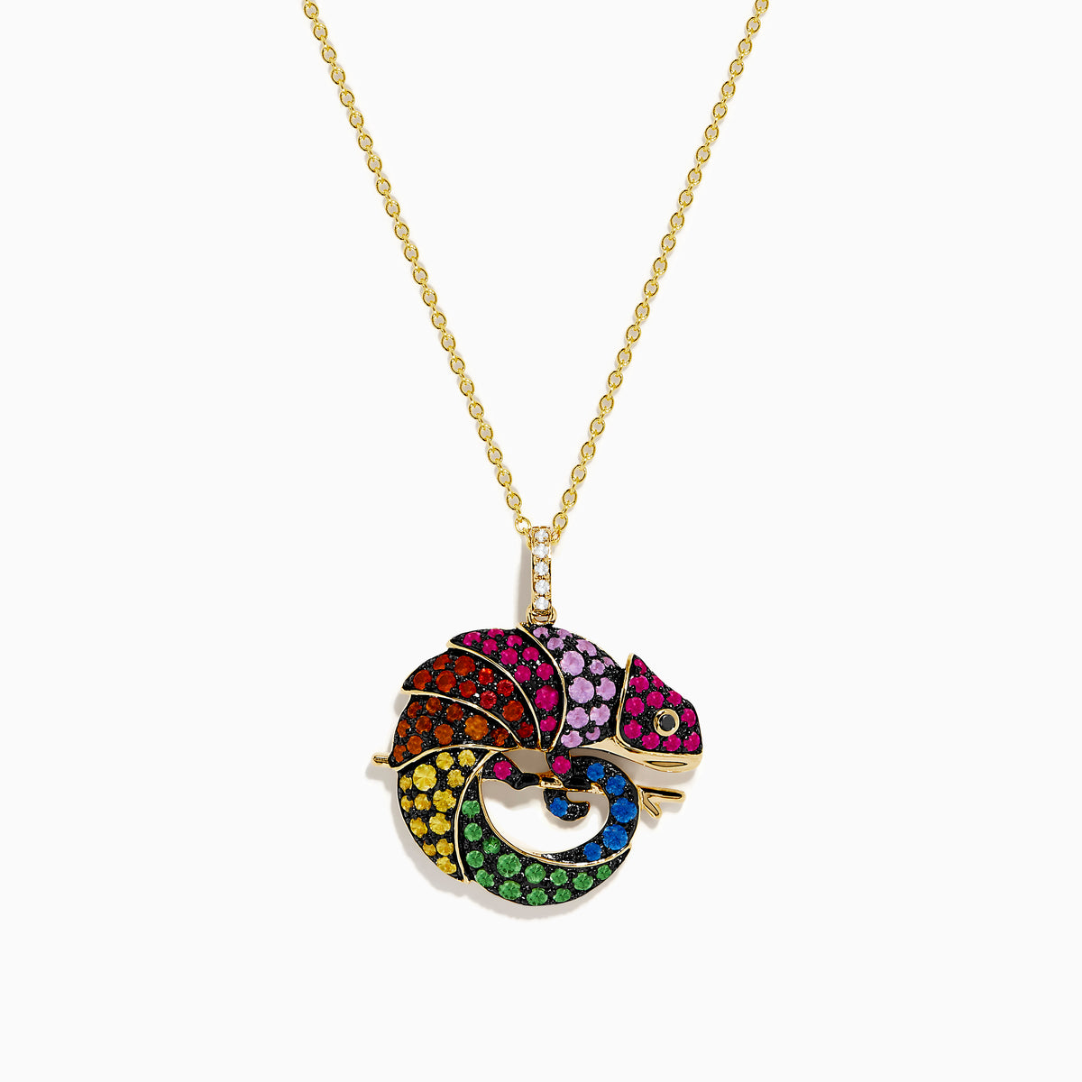 The Safari 14K Yellow Gold Multi Color Sapphire and Diamond Chameleon Pendant features vibrant sapphires and diamonds in red, pink, orange, green, and blue on a yellow gold necklace.