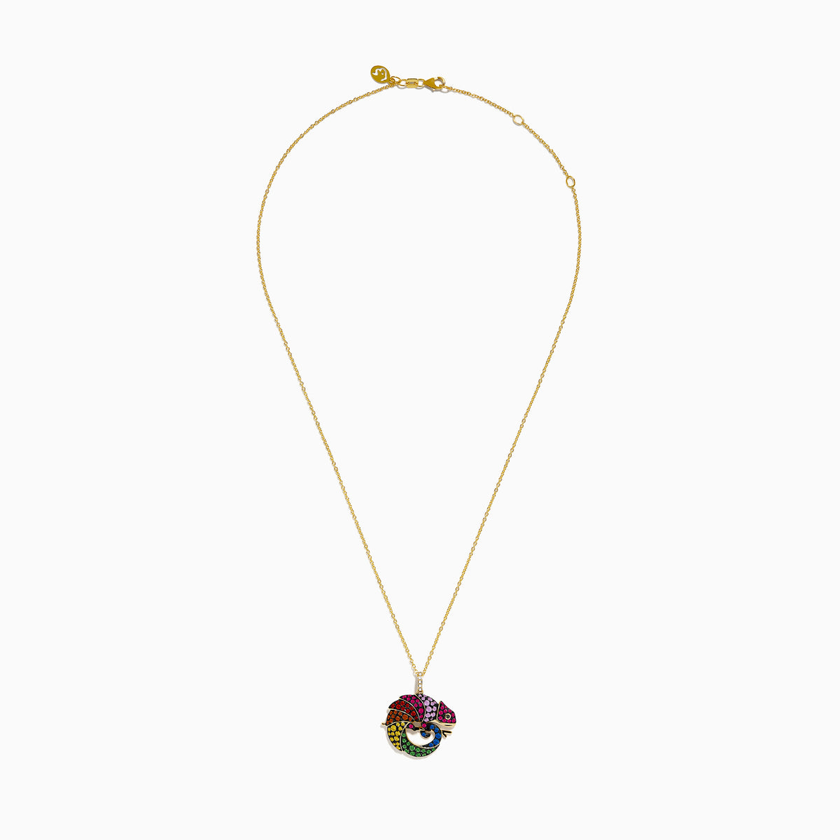 The Safari 14K Yellow Gold Multi Color Sapphire and Diamond Chameleon Pendant features vibrant sapphires and diamonds in red, pink, orange, green, and blue on a yellow gold necklace.