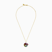 The Safari 14K Yellow Gold Multi Color Sapphire and Diamond Chameleon Pendant features vibrant sapphires and diamonds in red, pink, orange, green, and blue on a yellow gold necklace.