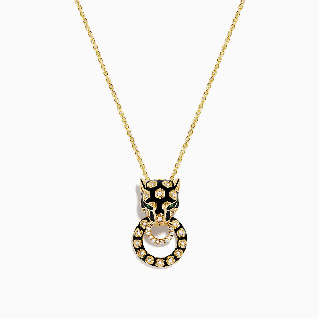 The Signature 14K Yellow Gold Diamond and Enamel Panther Pendant features a sparkling diamond-adorned circular ring gripped by a black and gold panther head, hanging from an elegant chain.