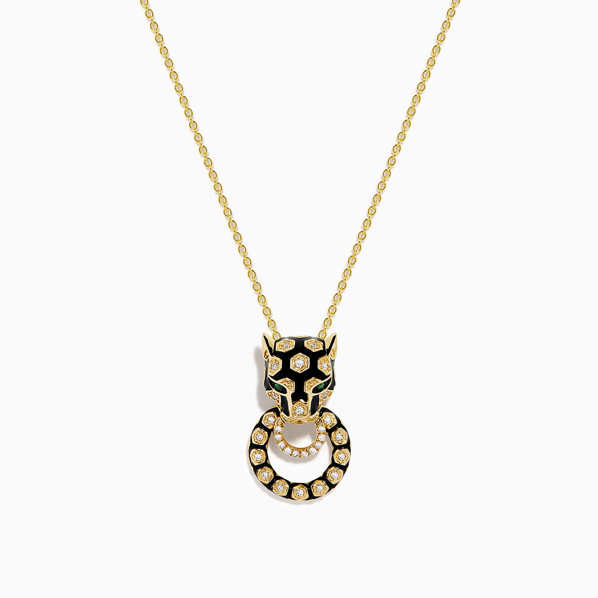The Signature 14K Yellow Gold Diamond and Enamel Panther Pendant features a sparkling diamond-adorned circular ring gripped by a black and gold panther head, hanging from an elegant chain.