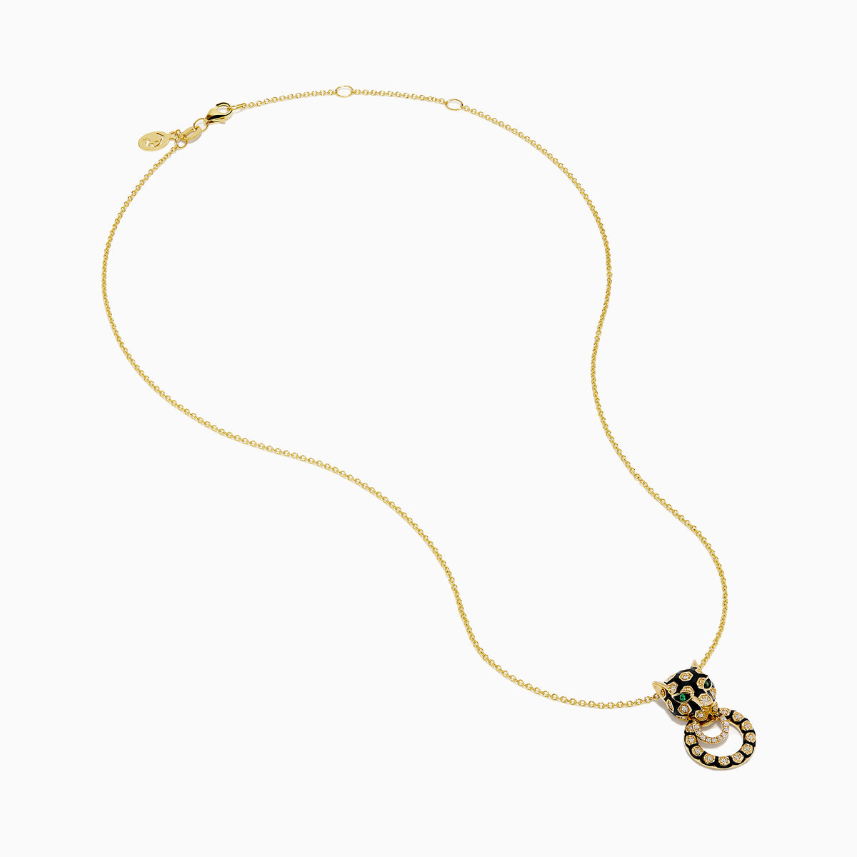 The Signature 14K Yellow Gold Diamond and Enamel Panther Pendant features a sparkling diamond-adorned circular ring gripped by a black and gold panther head, hanging from an elegant chain.