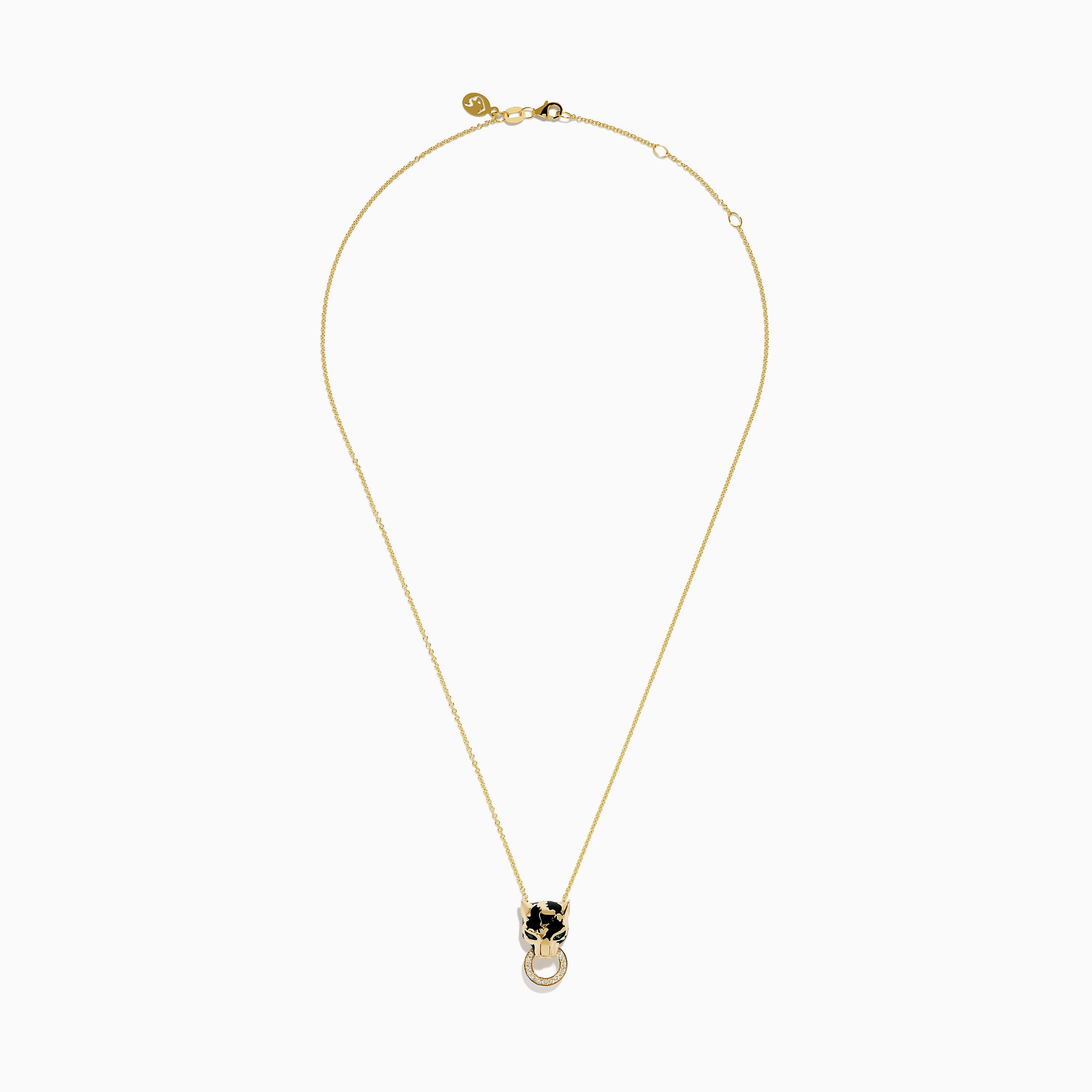 The Signature 14K Yellow Gold Diamond and Emerald Panther Pendant features a panther’s head with green gemstone eyes, black enamel detail, and a diamond-studded ring held in its mouth.