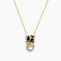 The Signature 14K Yellow Gold Diamond and Emerald Panther Pendant features a panther’s head with green gemstone eyes, black enamel detail, and a diamond-studded ring held in its mouth.