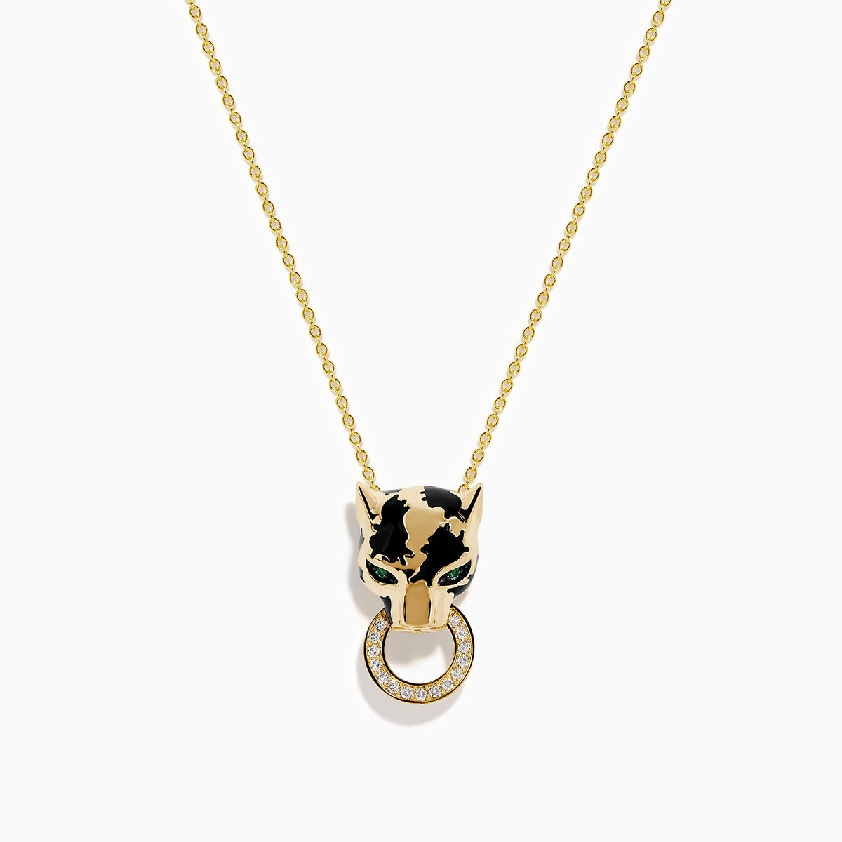 The Signature 14K Yellow Gold Diamond and Emerald Panther Pendant features a panther’s head with green gemstone eyes, black enamel detail, and a diamond-studded ring held in its mouth.