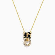 The Signature 14K Yellow Gold Diamond and Emerald Panther Pendant features a panther’s head with green gemstone eyes, black enamel detail, and a diamond-studded ring held in its mouth.