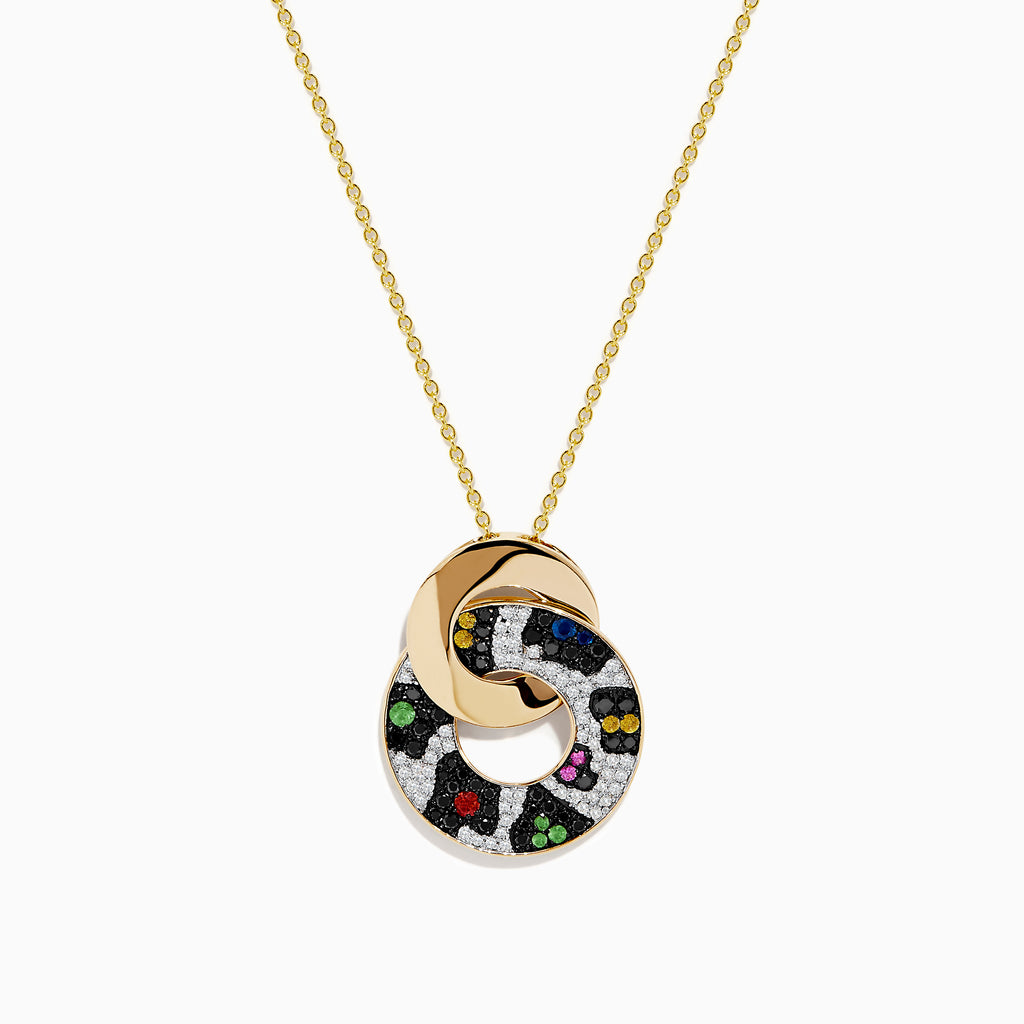 The Signature 14K Yellow Gold Multi Sapphire Diamond Pendant features interlocking rings—one plain gold, the other adorned with sparkling multi sapphires and diamonds in a vibrant leopard print, capturing Effy’s signature bold style.