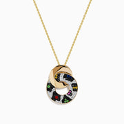 The Signature 14K Yellow Gold Multi Sapphire Diamond Pendant features interlocking rings—one plain gold, the other adorned with sparkling multi sapphires and diamonds in a vibrant leopard print, capturing Effy’s signature bold style.