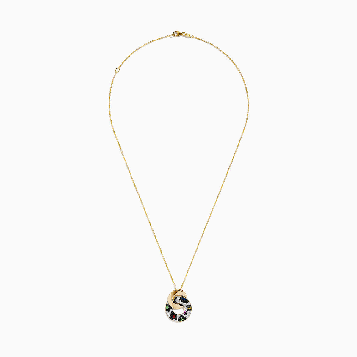 The Signature 14K Yellow Gold Multi Sapphire Diamond Pendant features interlocking rings—one plain gold, the other adorned with sparkling multi sapphires and diamonds in a vibrant leopard print, capturing Effy’s signature bold style.