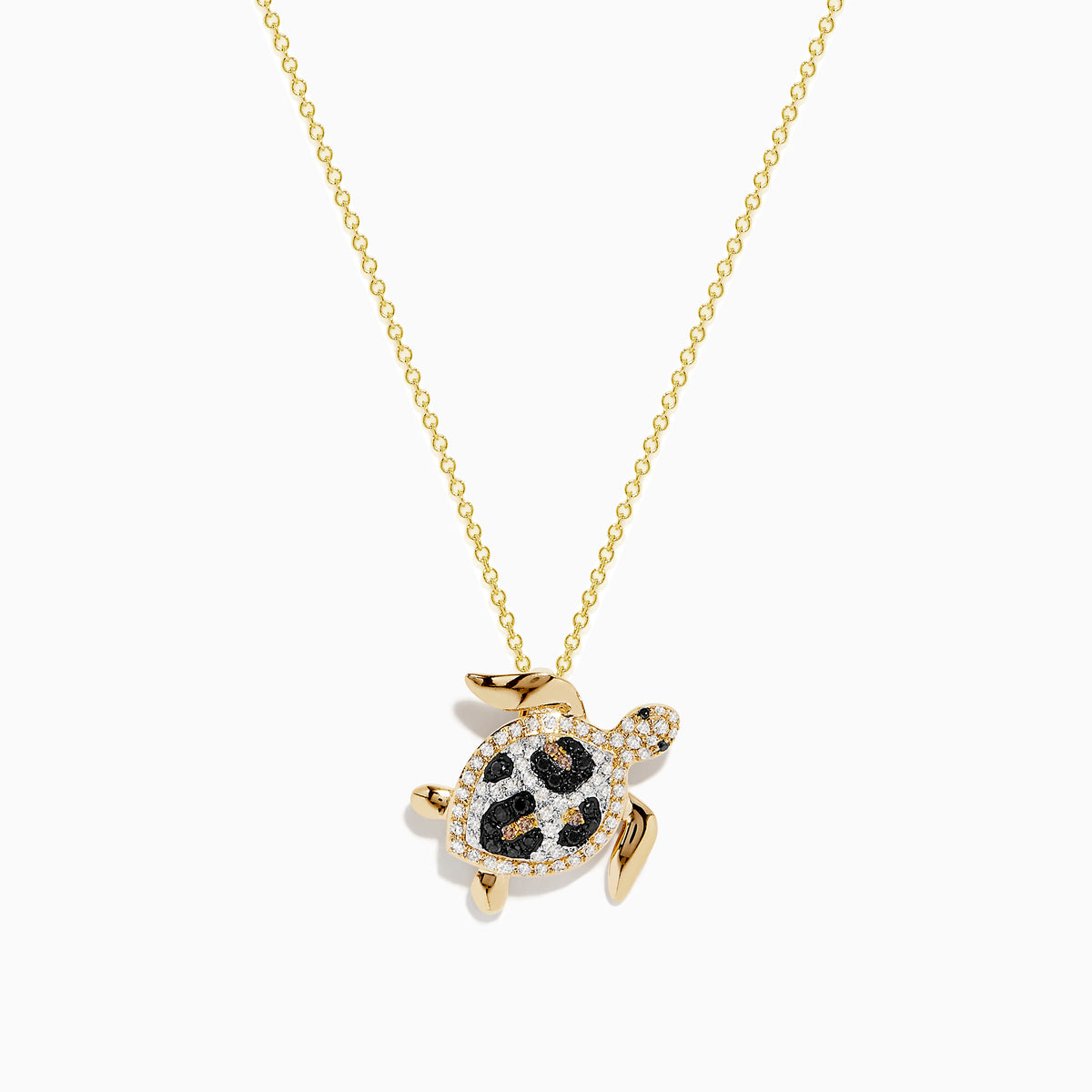 The Seaside 14K yellow gold turtle pendant features white, black, and brown diamonds for a sparkling, eye-catching look.