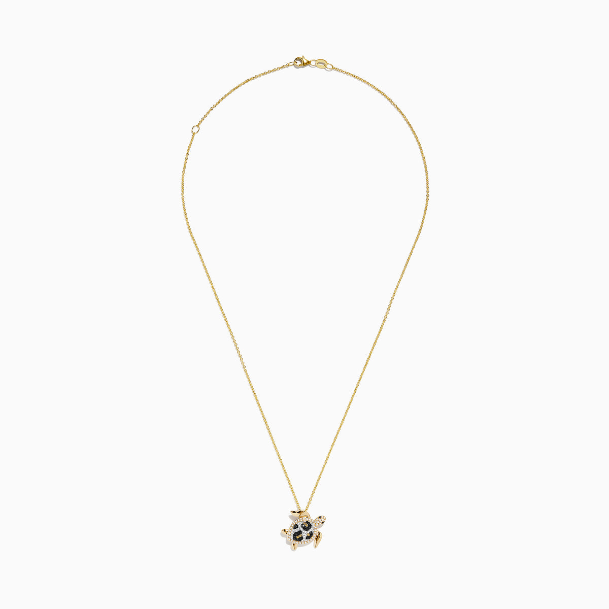 The Seaside 14K yellow gold turtle pendant features white, black, and brown diamonds for a sparkling, eye-catching look.