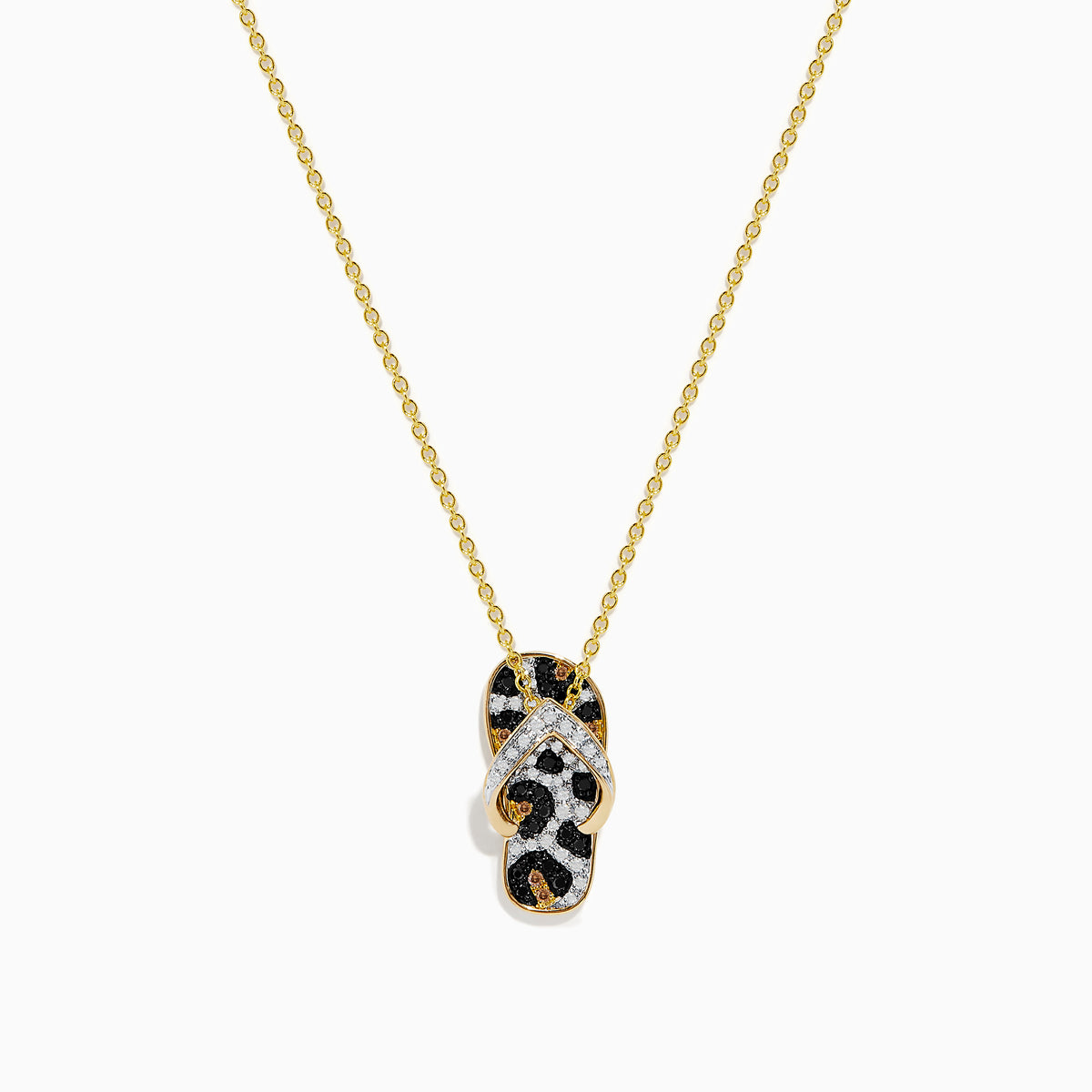 A 14K Yellow Gold Flip Flop Pendant featuring white, brown, and black diamonds with a striking leopard print design and sparkling accents on the straps.