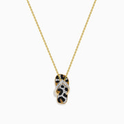 A 14K Yellow Gold Flip Flop Pendant featuring white, brown, and black diamonds with a striking leopard print design and sparkling accents on the straps.