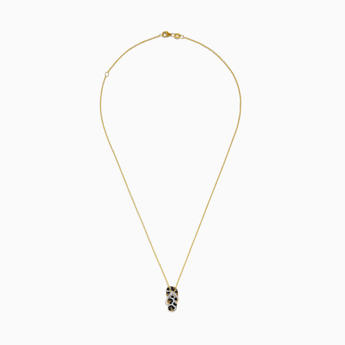 A 14K Yellow Gold Flip Flop Pendant featuring white, brown, and black diamonds with a striking leopard print design and sparkling accents on the straps.