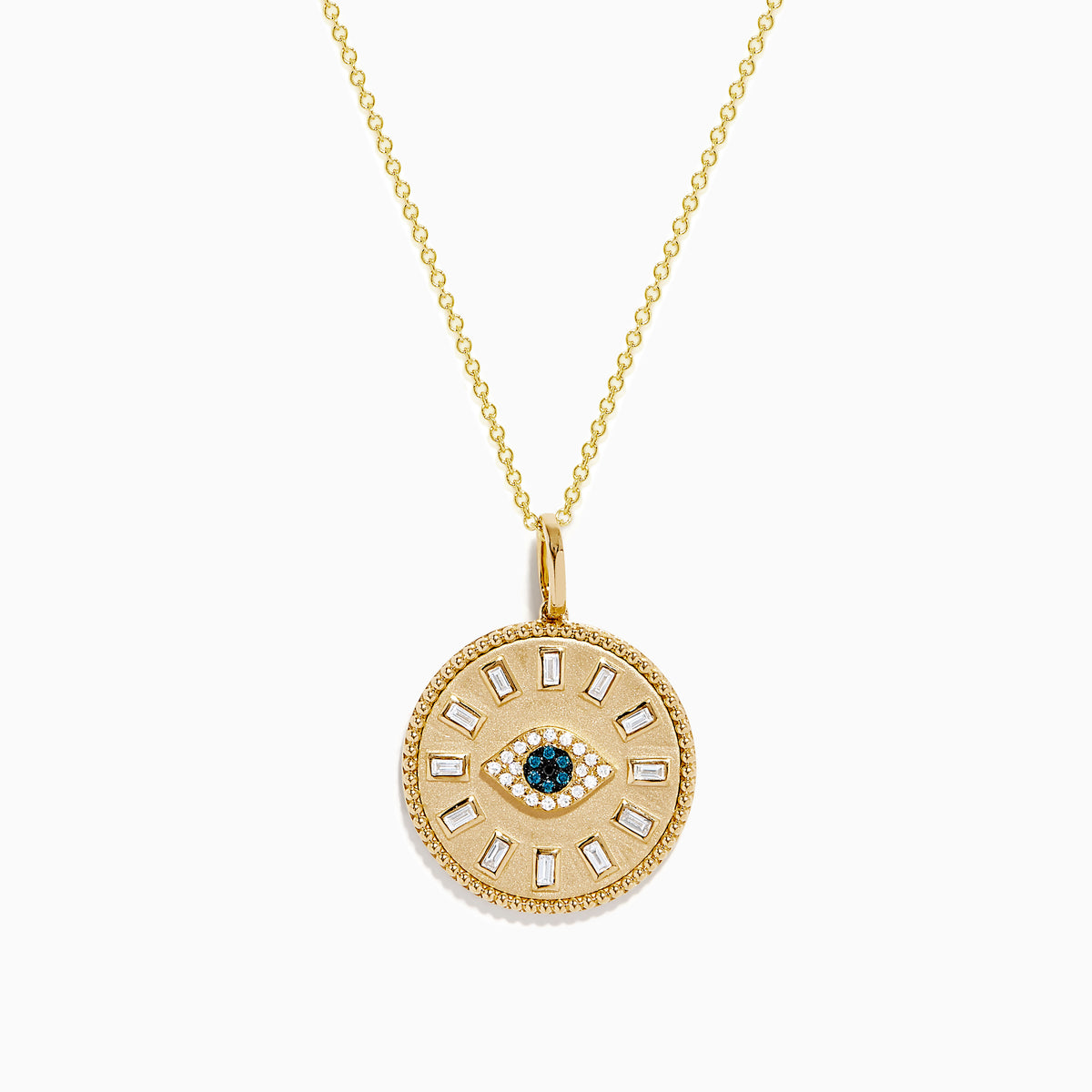 The Novelty 14K Yellow Gold White, Blue and Black Diamond Evil Eye Pendant features a round eye design at the center, highlighted by sparkling diamonds in white, blue, and black tones arranged in a circular pattern.