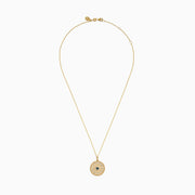 The Novelty 14K Yellow Gold White, Blue and Black Diamond Evil Eye Pendant features a round eye design at the center, highlighted by sparkling diamonds in white, blue, and black tones arranged in a circular pattern.
