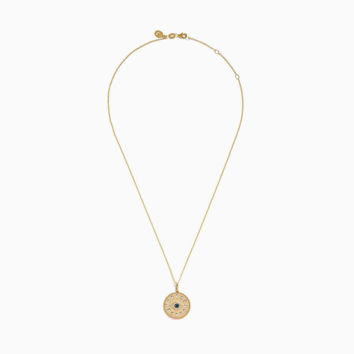 The Novelty 14K Yellow Gold White, Blue and Black Diamond Evil Eye Pendant features a round eye design at the center, highlighted by sparkling diamonds in white, blue, and black tones arranged in a circular pattern.