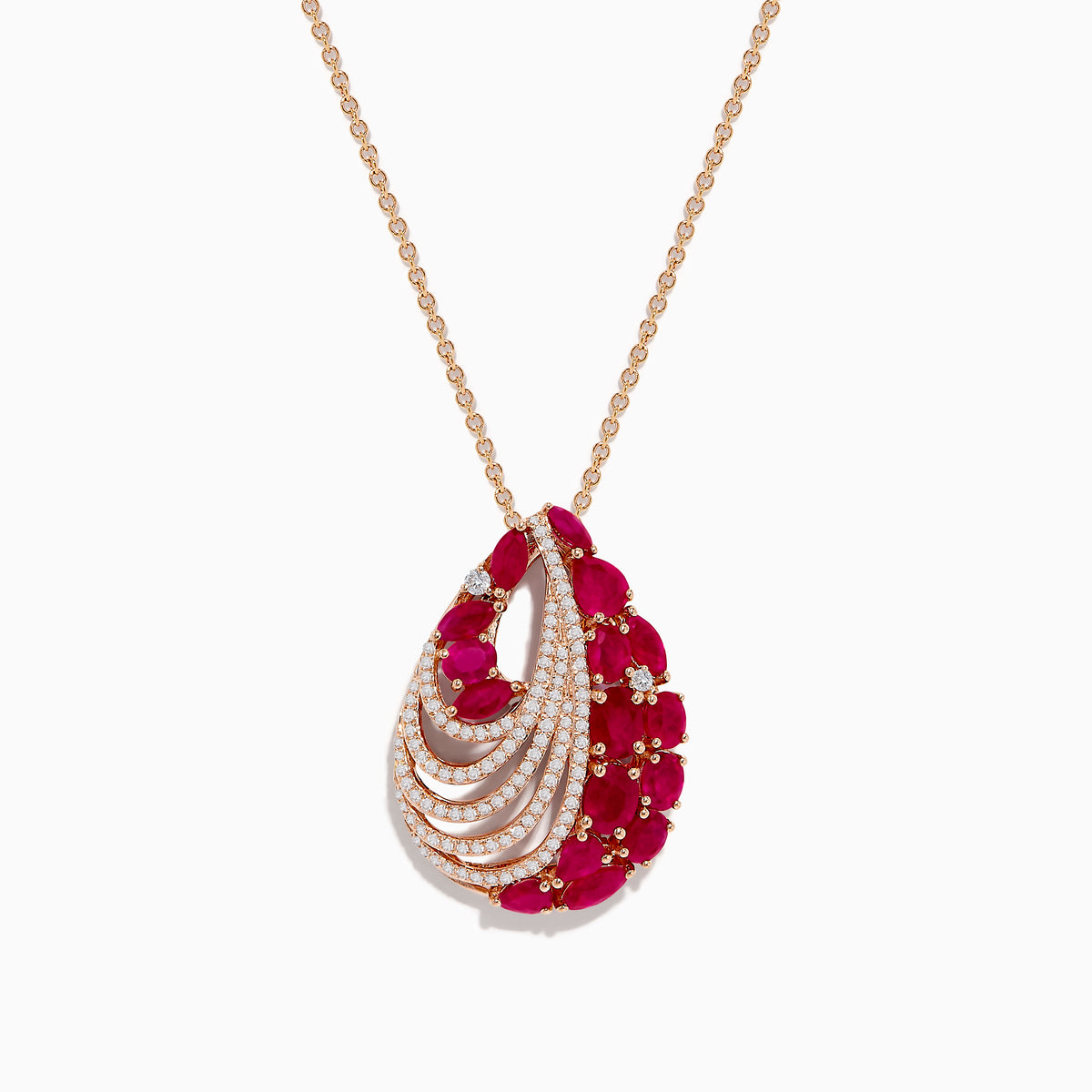 The Ruby Royale 14K Rose Gold Ruby and Diamond Pendant (3.79 TCW) features layered arcs of white diamonds and clusters of vibrant red rubies, all set in a stunning teardrop design.