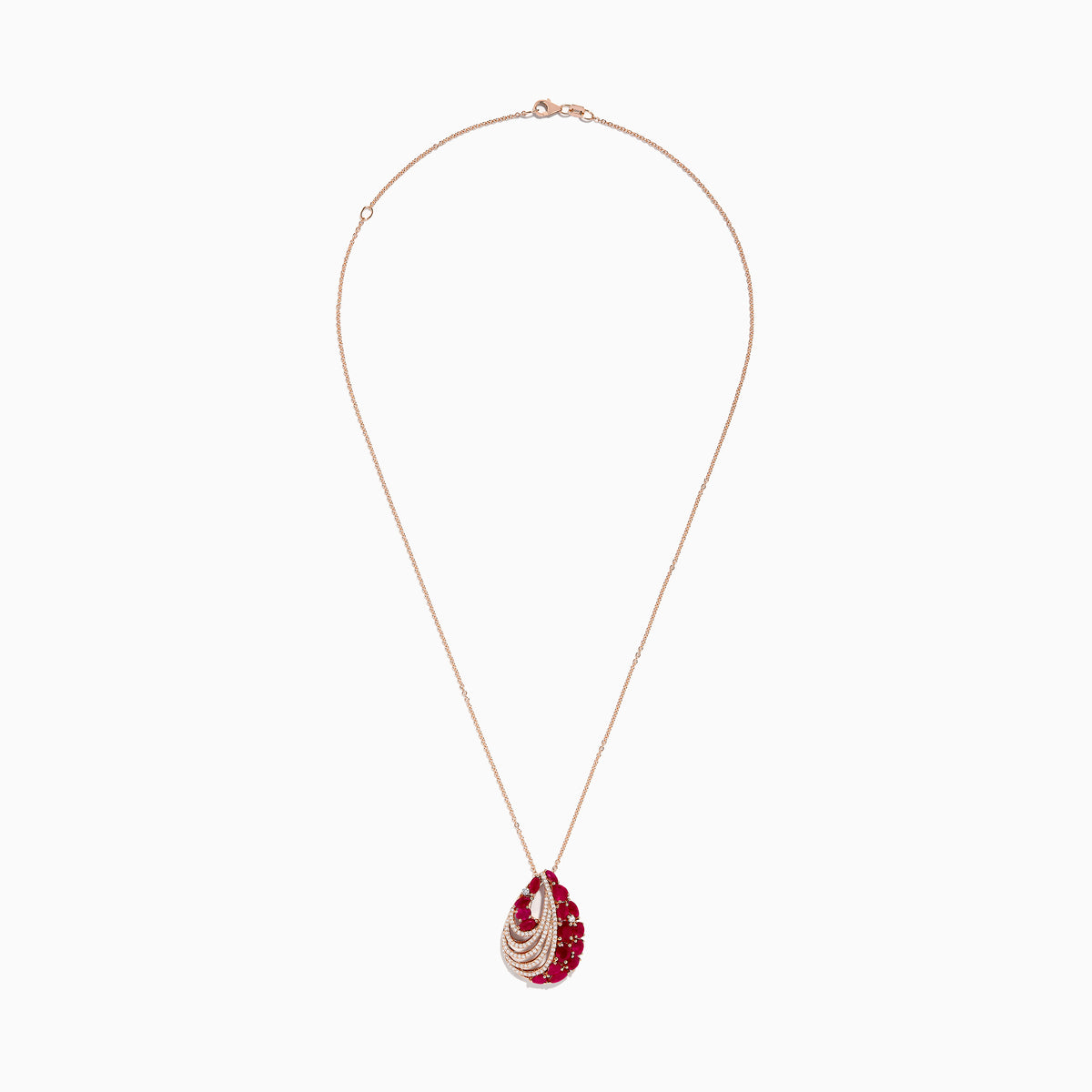The Ruby Royale 14K Rose Gold Ruby and Diamond Pendant (3.79 TCW) features layered arcs of white diamonds and clusters of vibrant red rubies, all set in a stunning teardrop design.