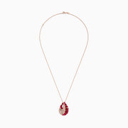 The Ruby Royale 14K Rose Gold Ruby and Diamond Pendant (3.79 TCW) features layered arcs of white diamonds and clusters of vibrant red rubies, all set in a stunning teardrop design.