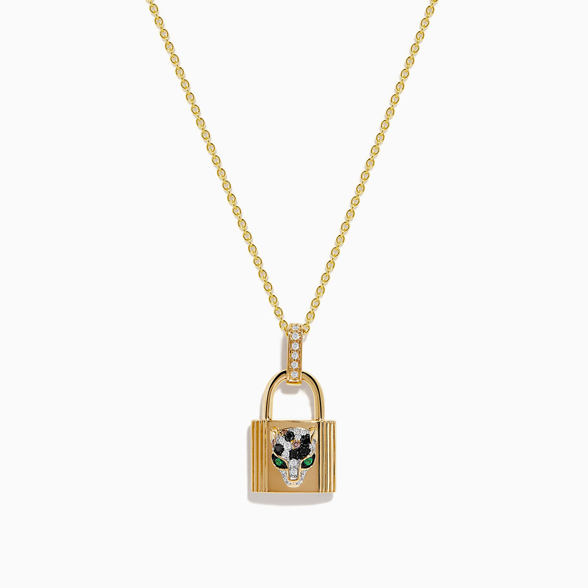 The Signature 14K Yellow Gold Diamond Lock Pendant features a jeweled panther face with green eyes, black accents, and small clear crystals on the loop, all on a yellow gold chain necklace.