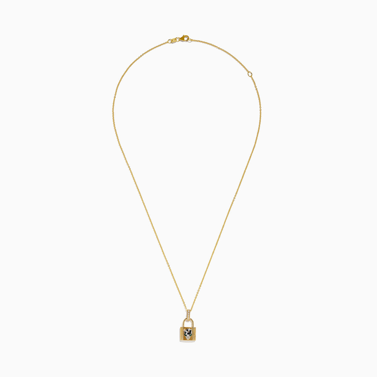 The Signature 14K Yellow Gold Diamond Lock Pendant features a jeweled panther face with green eyes, black accents, and small clear crystals on the loop, all on a yellow gold chain necklace.