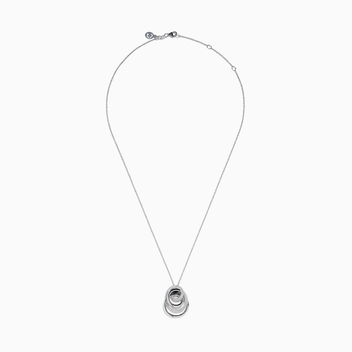 The 14K White Gold Diamond Overlapping Circle Pendant features three intertwined loops, two adorned with sparkling diamonds, suspended from a fine chain against a white background.