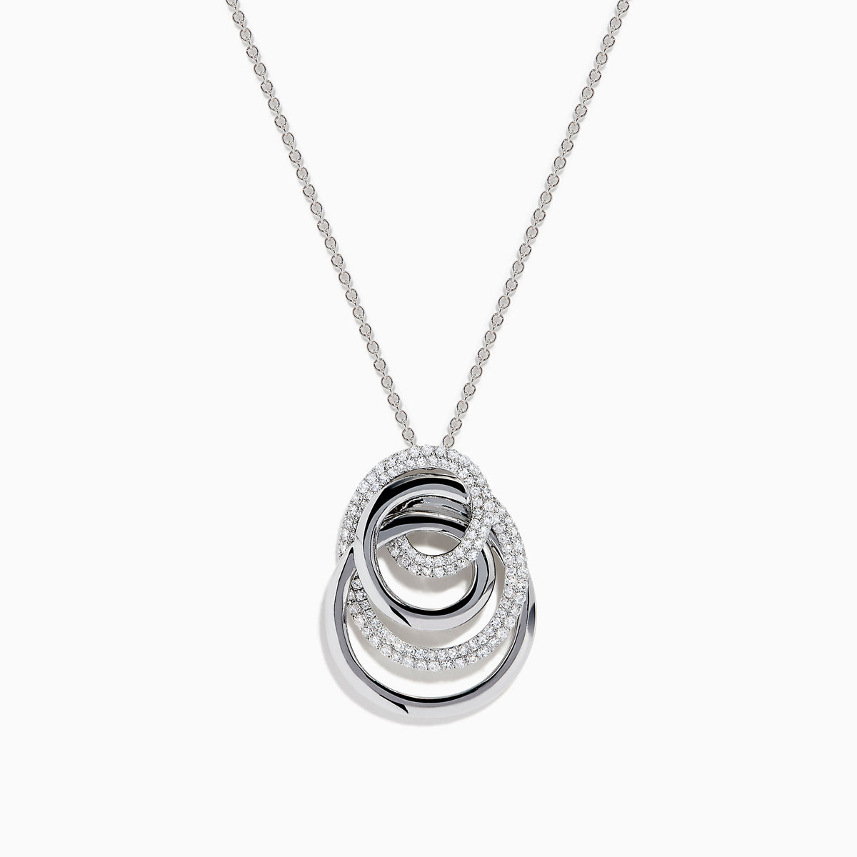 The 14K White Gold Diamond Overlapping Circle Pendant features three intertwined loops, two adorned with sparkling diamonds, suspended from a fine chain against a white background.
