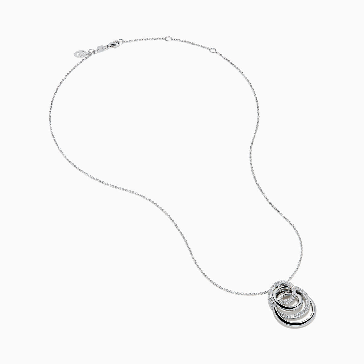 The 14K White Gold Diamond Overlapping Circle Pendant features three intertwined loops, two adorned with sparkling diamonds, suspended from a fine chain against a white background.