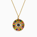 The Watercolors 14K Yellow Gold Multi Sapphire Evil Eye Pendant showcases a central eye motif encircled by vibrant, radiating sapphires in a striking sunburst design.