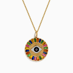 The Watercolors 14K Yellow Gold Multi Sapphire Evil Eye Pendant showcases a central eye motif encircled by vibrant, radiating sapphires in a striking sunburst design.