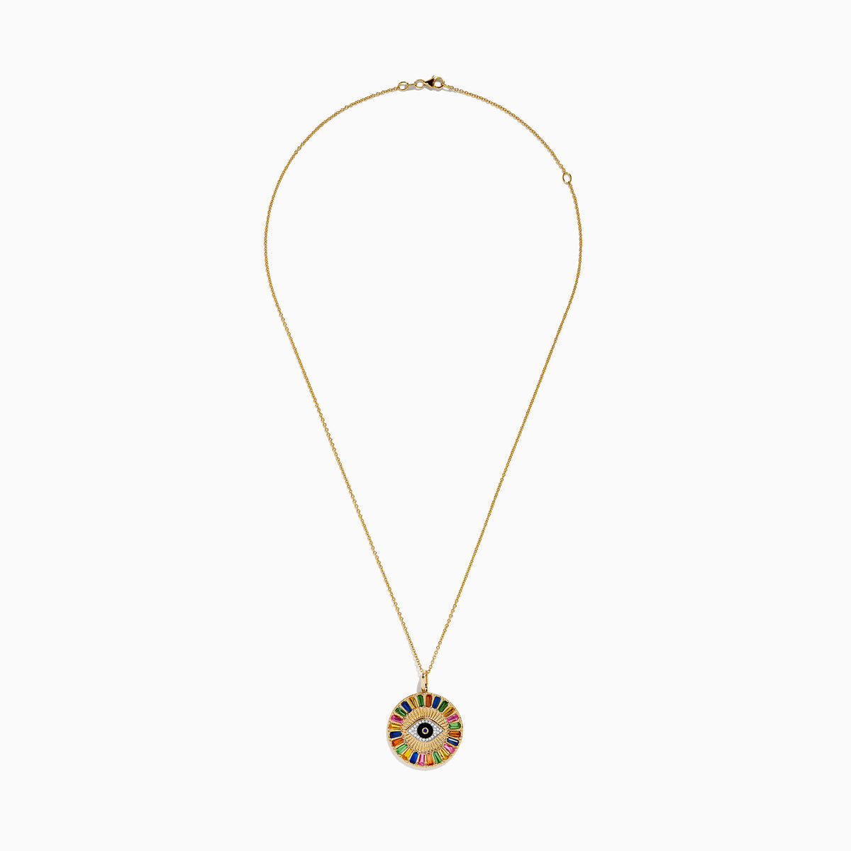 The Watercolors 14K Yellow Gold Multi Sapphire Evil Eye Pendant showcases a central eye motif encircled by vibrant, radiating sapphires in a striking sunburst design.