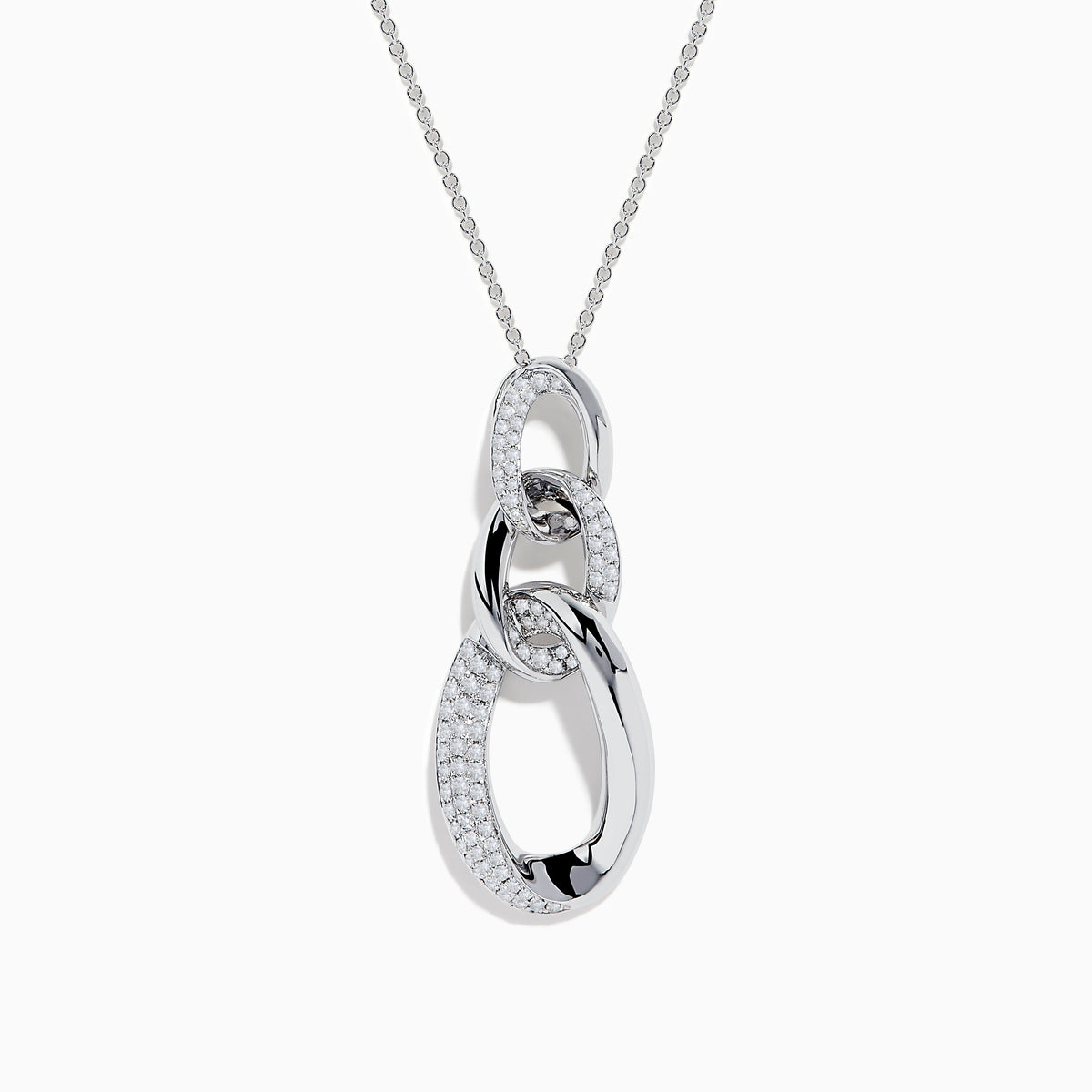 The Pave Classica 14K White Gold Diamond Interlocking Links Pendant features three oval links, two set with sparkling diamonds, hanging elegantly from a delicate white gold chain on a white background.