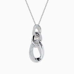 The Pave Classica 14K White Gold Diamond Interlocking Links Pendant features three oval links, two set with sparkling diamonds, hanging elegantly from a delicate white gold chain on a white background.