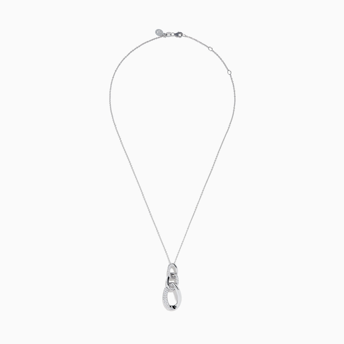 The Pave Classica 14K White Gold Diamond Interlocking Links Pendant features three oval links, two set with sparkling diamonds, hanging elegantly from a delicate white gold chain on a white background.