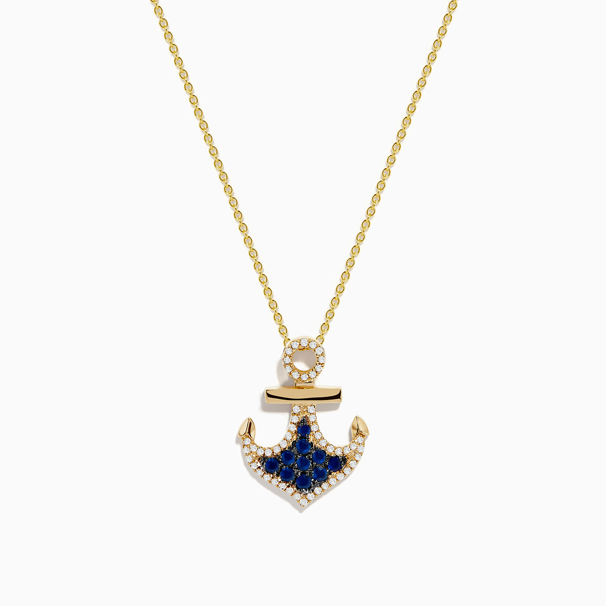 The Seaside 14K Yellow Gold Blue Sapphire and Diamond Anchor Pendant features a yellow gold necklace with sparkling blue sapphires and diamonds, showcased against a white background.